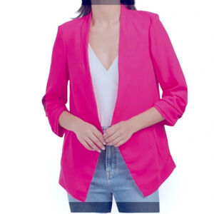 RACHEL ZOE Elegant Fuchsia Pink Open Front 3/4  RushGathered Sleeve Blazer Sz L